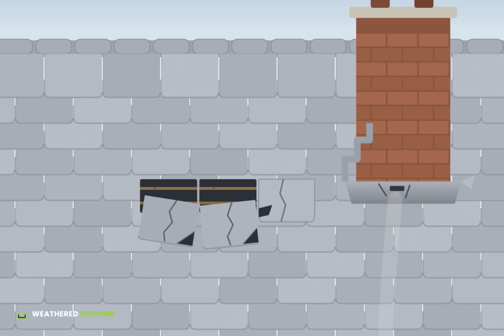 Cracked roof vent and leaking chimney indicating roof damage.